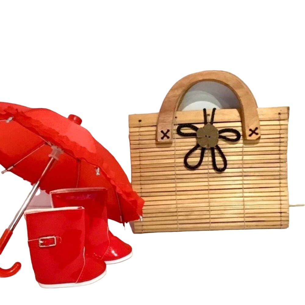 Bamboo Handbag Purse Wood Slat Mini Purse w/ Flower Close Detail Retro Chic